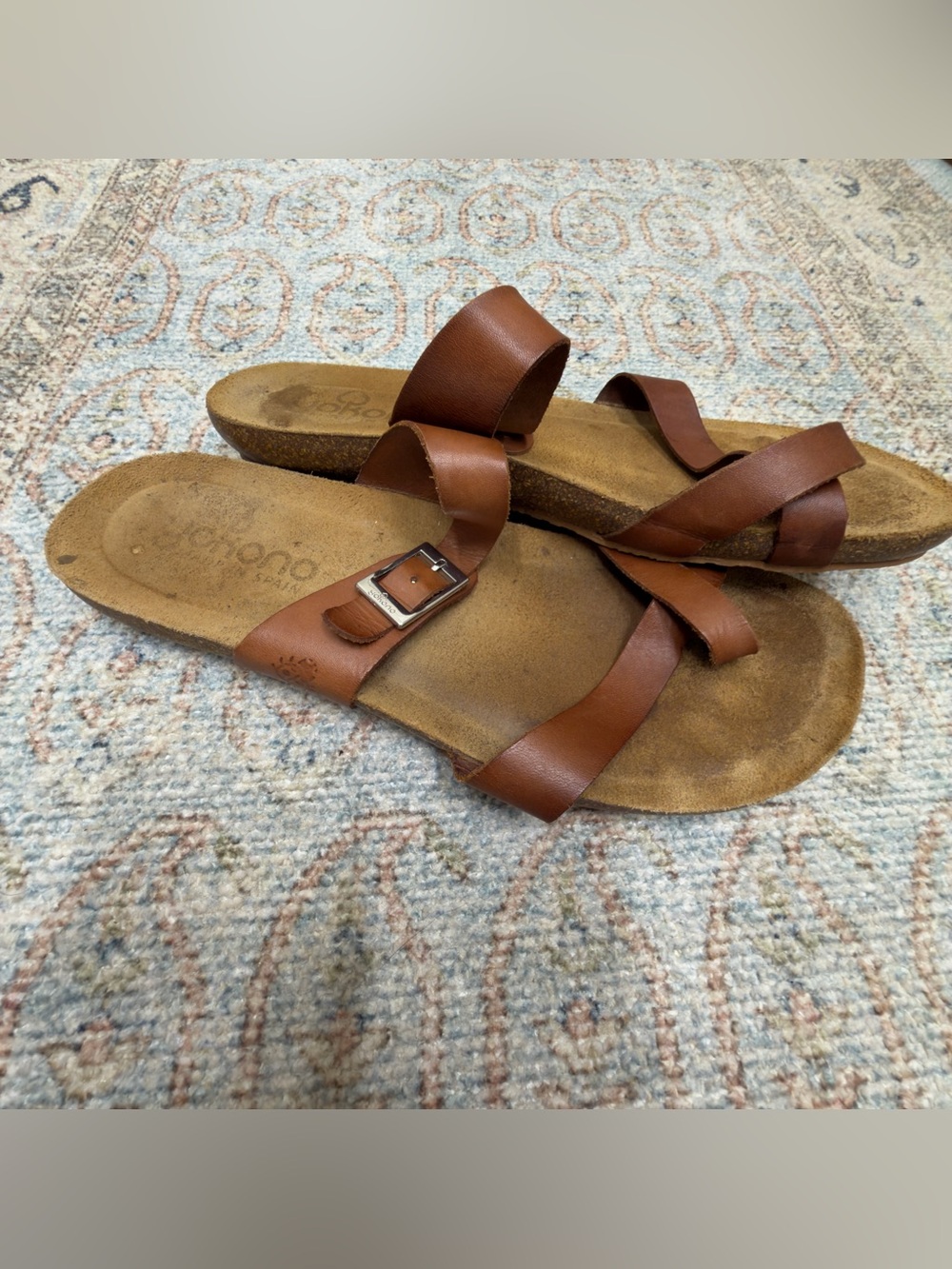 Women’s brown Leather Buckle Strap Slide Sandals leather made in Spain size 9.5